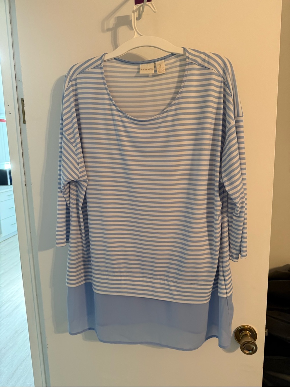Chico's Pale Blue and White Striped Long Sleeve Top with Sheer Hem